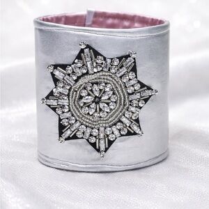 Wide Elegant Silver Crystal Bracelet Hand Crafted Artisan Up cycled Lined Fabric